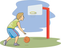 basketball player bouncing ball looks to hoop