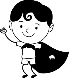 black white cute child wearing superhero costume clipart