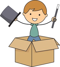 boy jumping out of the box as a magician