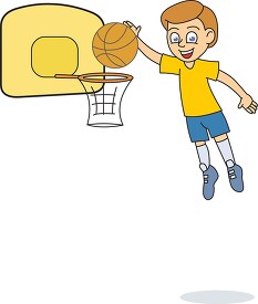 boy jumping placing basketball in hoop clipart