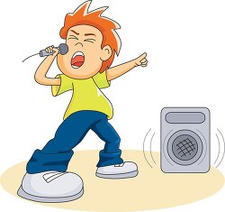 boy with mic singing rock and roll music clipart