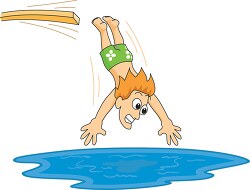 cartoon style boy jumping from divingboard into the pool