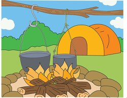 cooking on campfire near tent outdoors