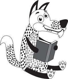 cute coyote character reading a book black outline