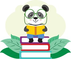 cute panda bear wearing glasses reading sitting on book clipart