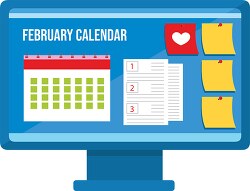 february calendar with post notes on computer screen clipart