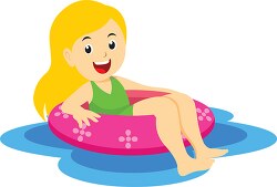 girl sitting inside tube in pool summer clipart