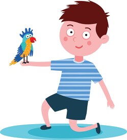 little boy holding pet parrot cartoon style clipart