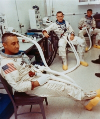 The Apollo 204 crew is suited for an altitude chamber test