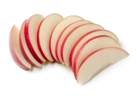 Thinly sliced apples on a white background