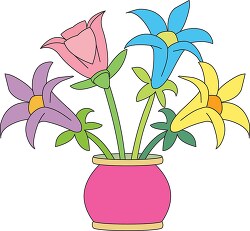 pink blue yellow flowers in vase cartoon style clipart