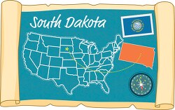 scrolled usa map showing south dakota state map flag clipart