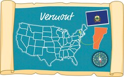 scrolled usa map showing vermont state map flag clipart