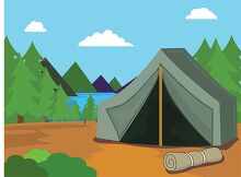 tent setup outdoor near mountain lake clipart