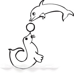 two dolphins playing with ball outline clipart