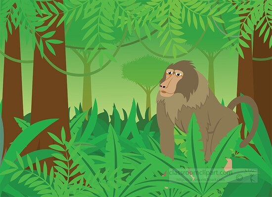 baboon in rainforest surrounded by plants clipart