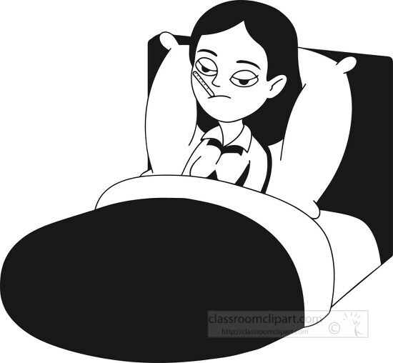 black outline woman sick lying in bed clipart
