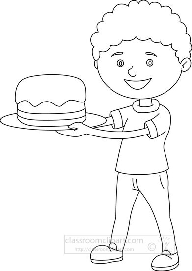 boy holding birthday cake with candle black outline