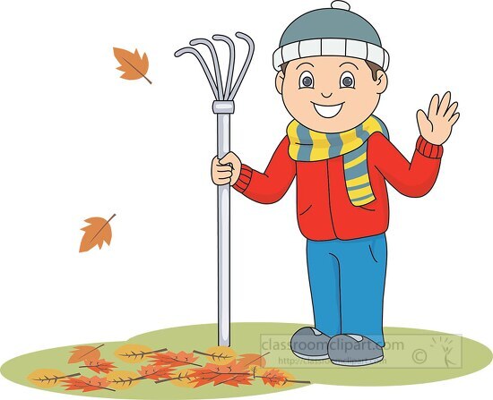 boy raking leaves weather fall