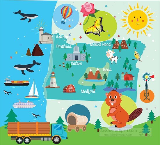colorful illustrated oregon state map with icons landmarks clipa