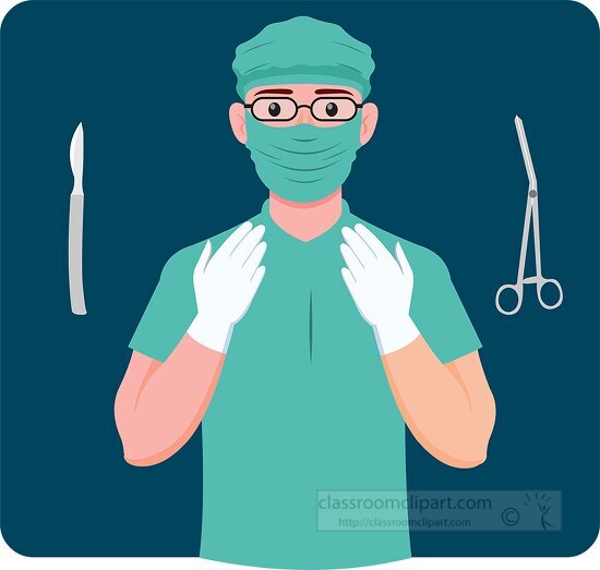 doctor wearing surgery mask gloves with surgery tools clipart