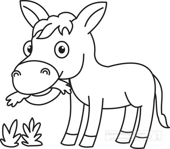 donkey eating grass black white outline