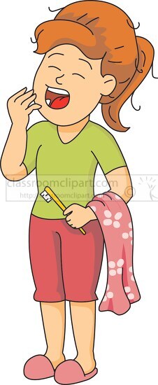 girl yawning with toothbrush clipart