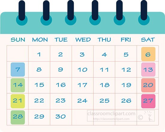 planning calendar with weekends color coded clipart