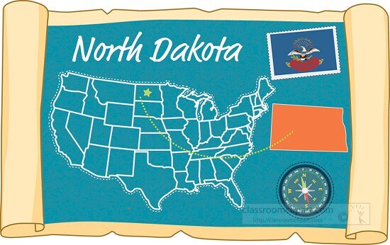 scrolled usa map showing north dakota state map flag clipart