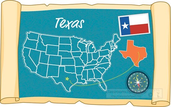 scrolled usa map showing texas state map flag clipart