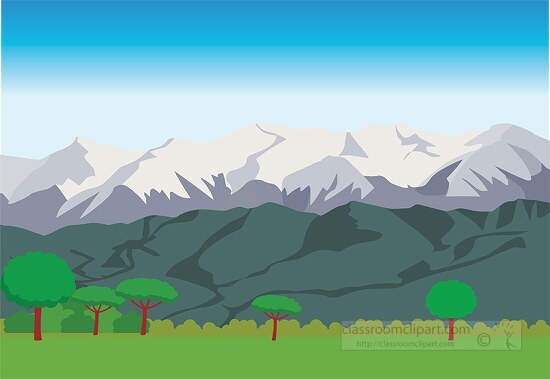 snow covered mountains blue sky trees meadow clipart