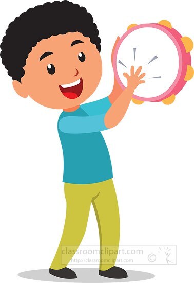 young boy musician playing musical instrument tambourine clipart