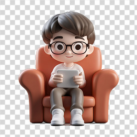 3D young character with glasses using a tablet in an armchair transparent png