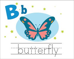 b for butterfly with alphabet letter for childrens writing pract