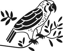 Black and white folk art illustration of a parrot among leaves