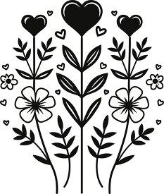 black silhouette of a floral heart bouquet with assorted hearts 