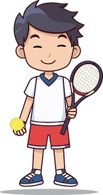 boy tennis player wears red shorts holds racquet and ball in his
