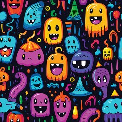 brightly colordered monster doodles in a pattern