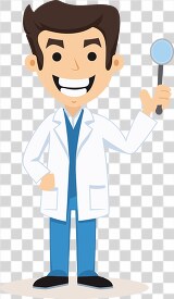 cartoon dentist with a big smile holding dental instruments