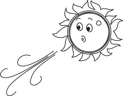 cartoon sun blowing hot air for heat wave clipart black outline