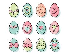 collection of decorated eggs with various patterns and hearts in