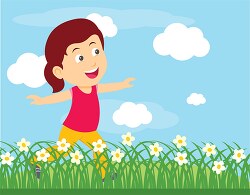 girl enjoying running in flower filled green gass clipart