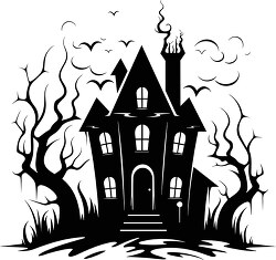 halloween haunted house surrounded by old leaf less trees silhouette