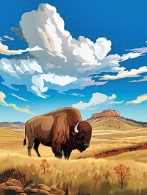 Illustration of a lone buffalo in a prairie in Oklahoma