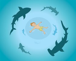 man swimming in ocean unaware of surrounding sharks clipart