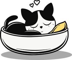 monochrome cartoon of a cat sleeping contentedly in a bowl