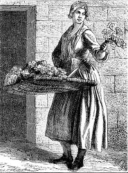 18th century french woman holds a basket full of fresh flowers