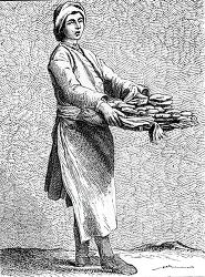 18th century french woman holds a basket of hot food for sale