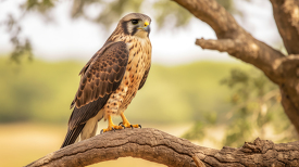 a falcon perched with a branch