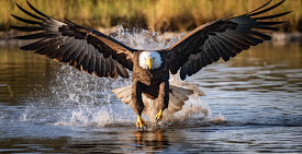 a male bald eagle is landing out of the water